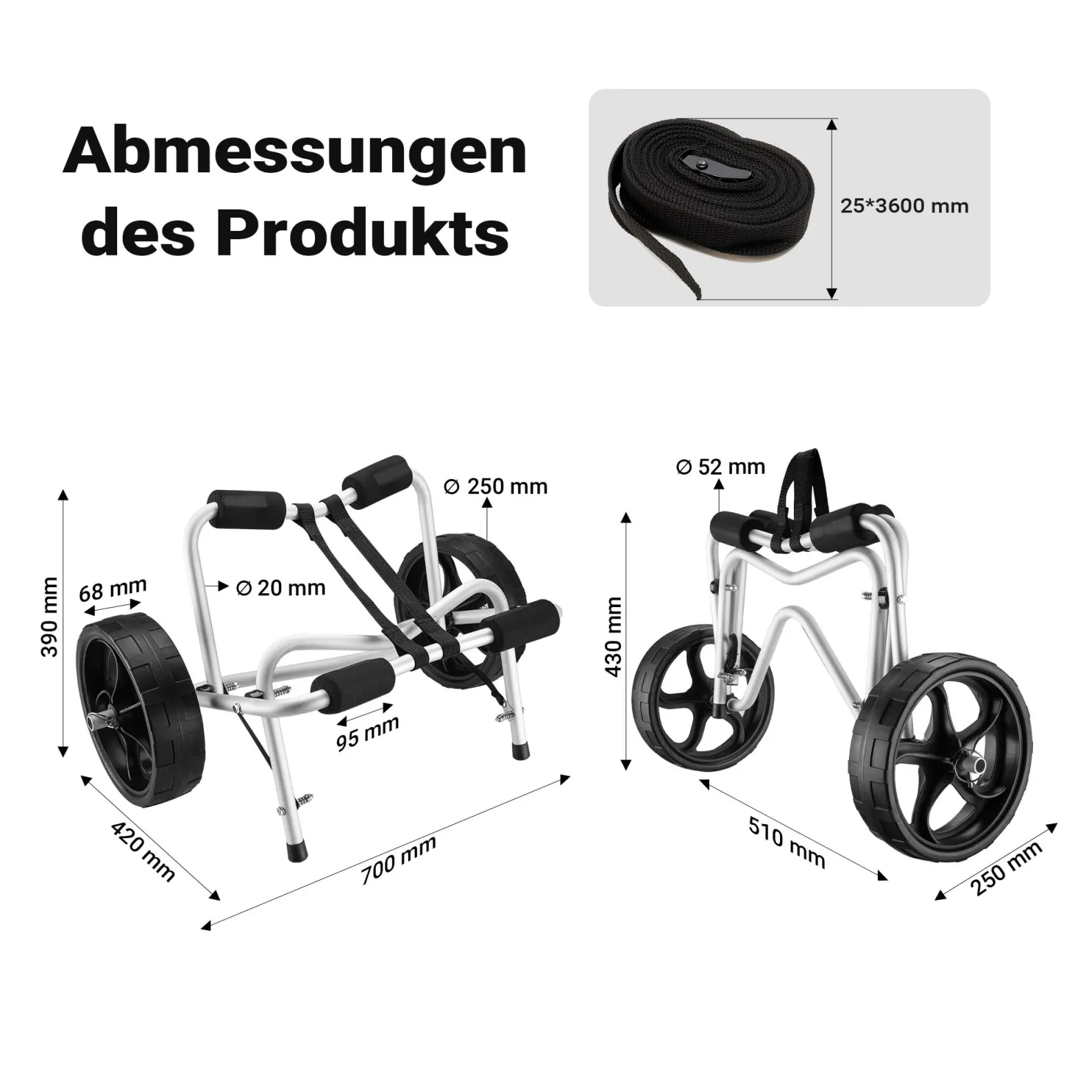 Wiltec klappbarer Alu Kanuwagen bis 68 kg, Transportwagen für Boote, Kanus, Kajaks, Surfwagen mit Polstern, Ø25 cm PU-Räder inkl. Nylonband zur Fixierung, stabiler SUP-Trolley, SUP-Wagen mit Stütze