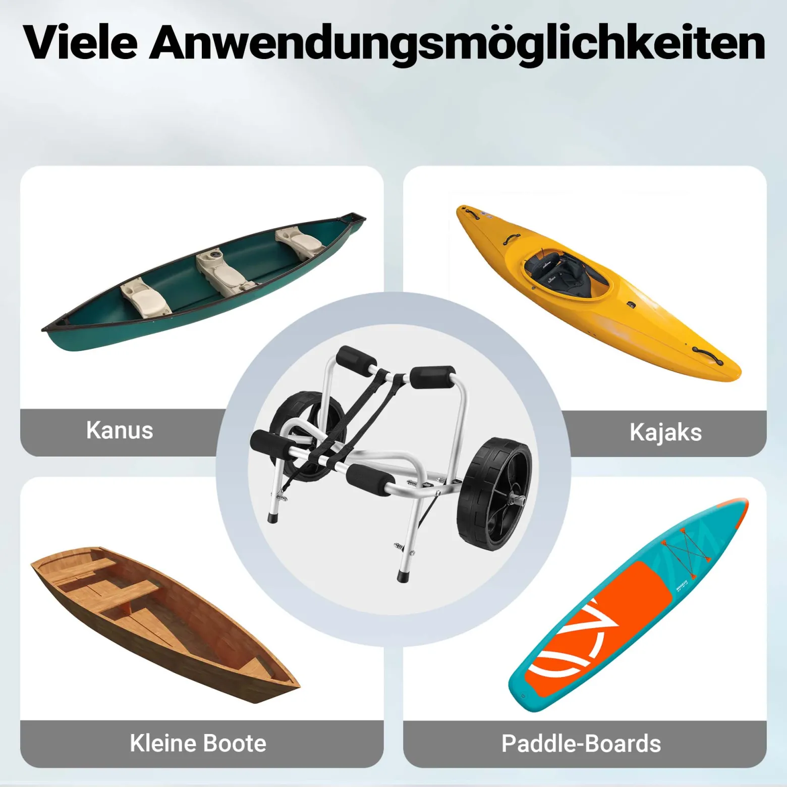 Wiltec klappbarer Alu Kanuwagen bis 68 kg, Transportwagen für Boote, Kanus, Kajaks, Surfwagen mit Polstern, Ø25 cm PU-Räder inkl. Nylonband zur Fixierung, stabiler SUP-Trolley, SUP-Wagen mit Stütze
