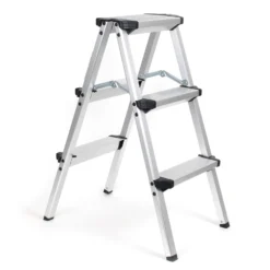 Wiltec Klappleiter aus Aluminium bis 150 kg, beidseitig nutzbare Trittleiter, Aluleiter 73 cm mit 3 Stufen, Stehleiter mit rutschfester Trittfläche
