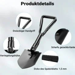 Wiltec Klappspaten 58 x 15 cm aus Stahl, Multifunktion Klappschaufel zusammenklappbar mit Hacke und Säge