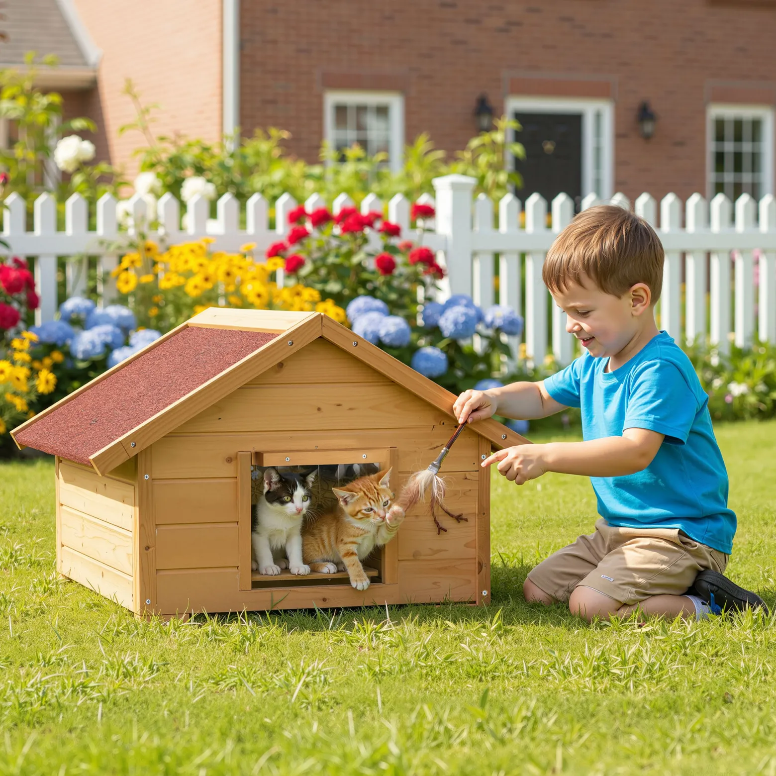 Wiltec Kleines Katzenhaus 68 x 53 x 47 cm aus Holz, Katzenhütte für Garten oder Terasse, Wurfkiste isoliert wetterfest, Katzenhöhle