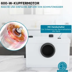 Wiltec 3/1 Kleinhebeanlage 600 W mit Häcksler, Hebeanlage bis 10 m Höhe, Abwasserhebeanlage mit 3 Einlässen, für WC und Dusche