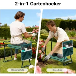 Wiltec Kniestuhl für Garten, Kniehocker bis 150 kg, Kniehocker mit einer Tasche, Kniebank mit gepolsterter Fläche, Gartenhocker zum Knien und Sitzen