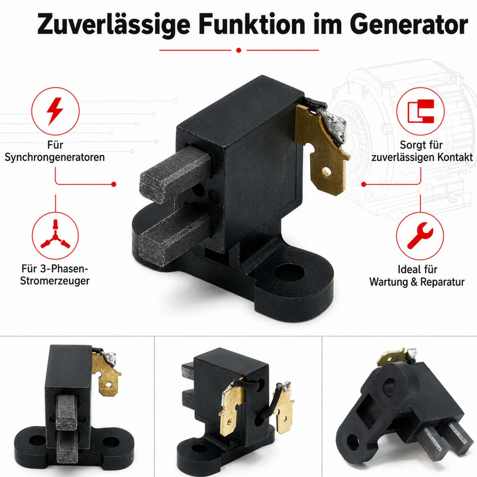 Wiltec Kohlenhalter mit Schleifkohlen für 3 Phasen 400 V Stromerzeuger – Ersatzteil – Bürstenschleifkohlen für Synchrongeneratoren mit AVR-Regelung