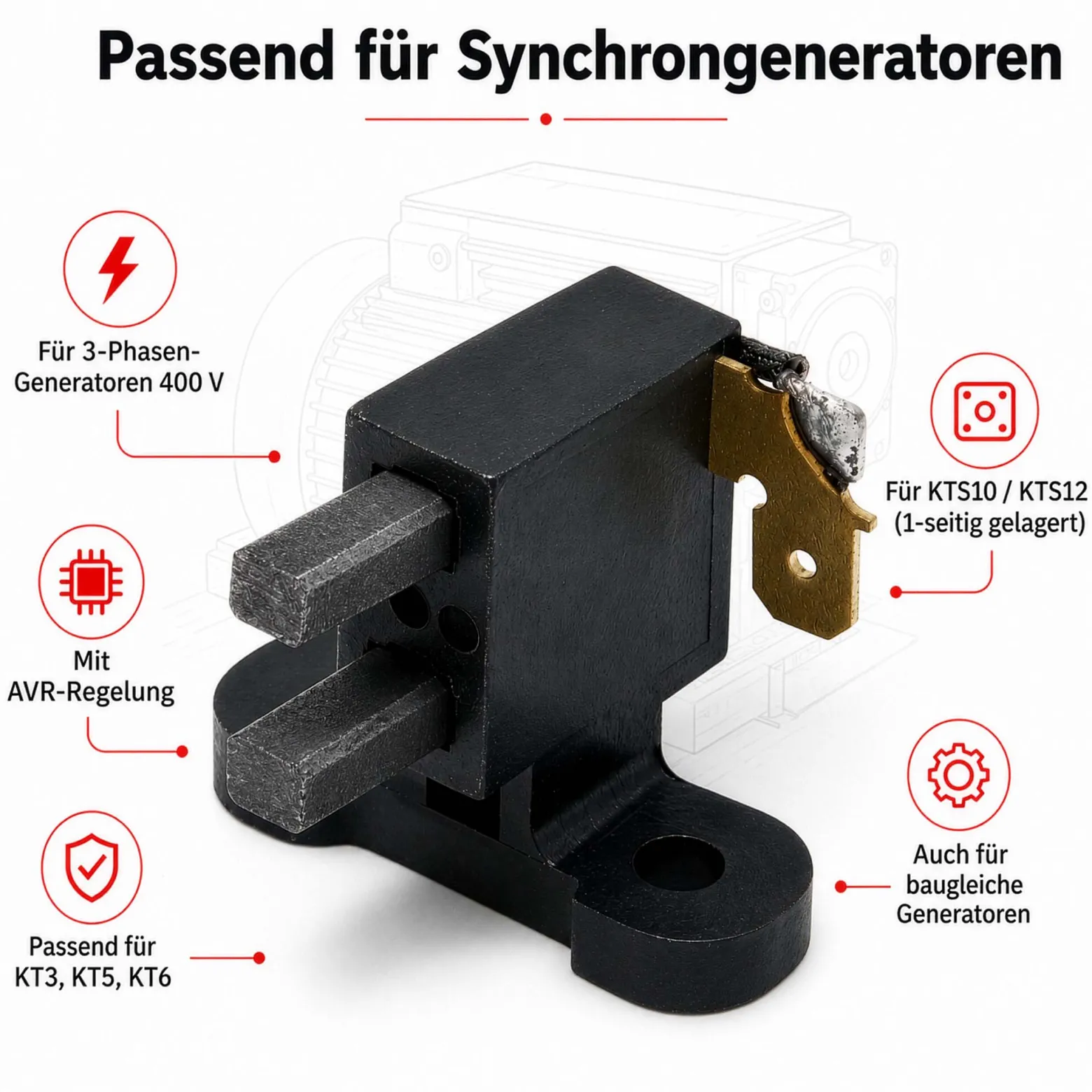 Wiltec Kohlenhalter mit Schleifkohlen für 3 Phasen 400 V Stromerzeuger – Ersatzteil – Bürstenschleifkohlen für Synchrongeneratoren mit AVR-Regelung