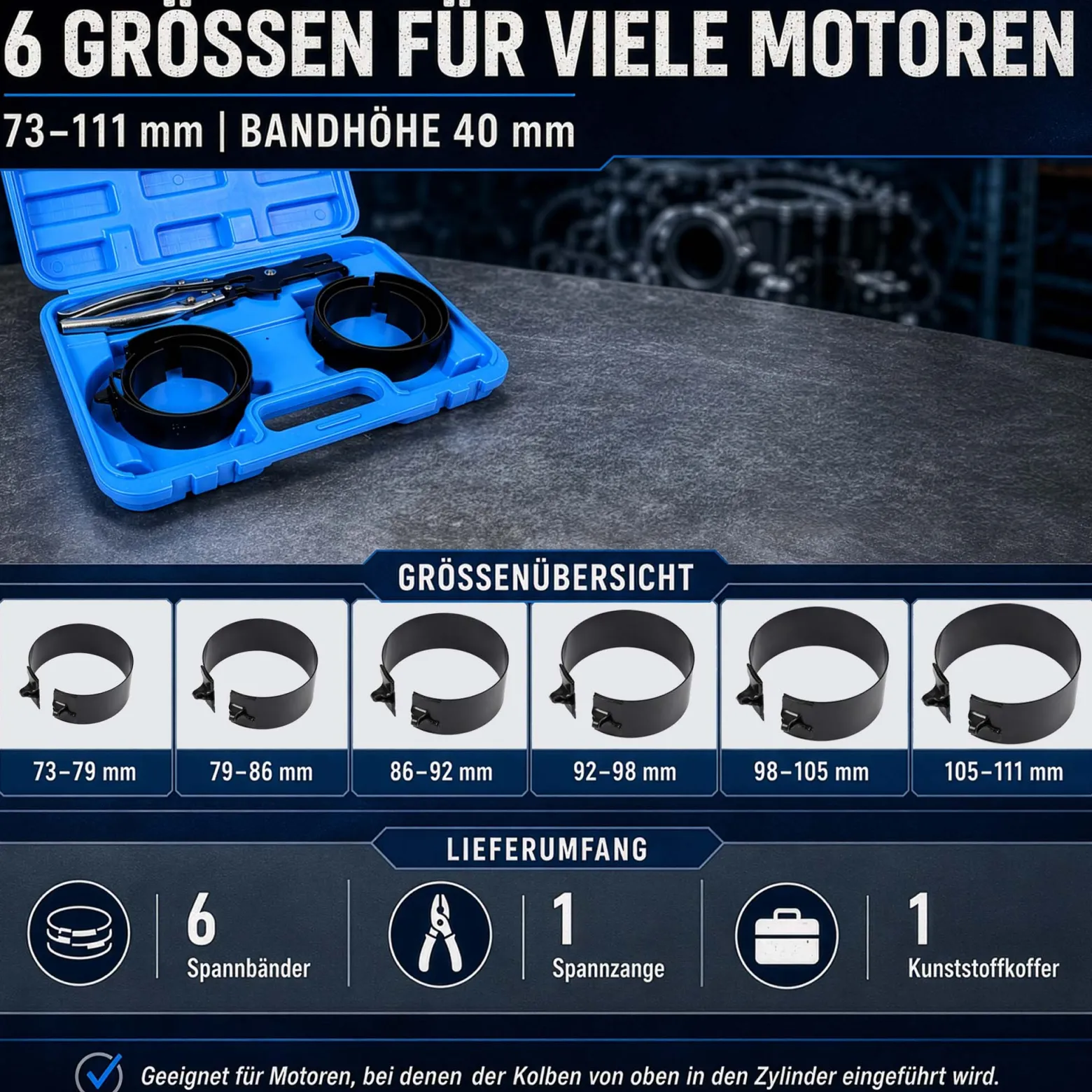 Wiltec Kolbenringspannband Set mit 6 Spannbändern 73-111 mm, inkl. Spannzange und Koffer zum Zusammendrücken der Kolbenringe, zur Montage von Kolben