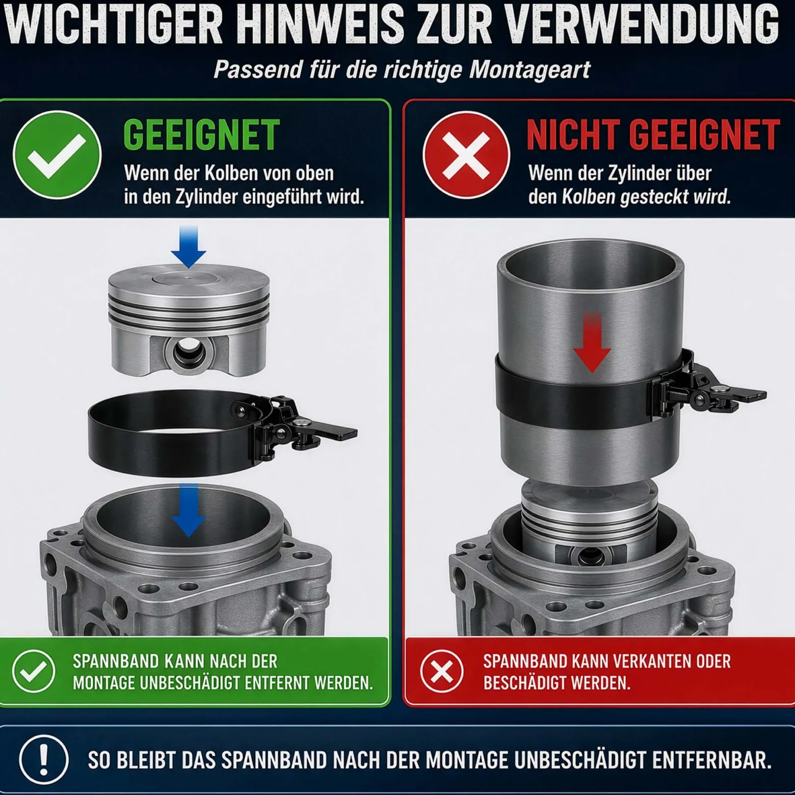 Wiltec Kolbenringspannband Set mit 6 Spannbändern 73-111 mm, inkl. Spannzange und Koffer zum Zusammendrücken der Kolbenringe, zur Montage von Kolben