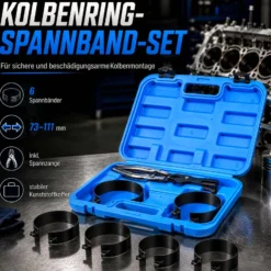 Wiltec Kolbenringspannband Set mit 6 Spannbändern 73-111 mm, inkl. Spannzange und Koffer zum Zusammendrücken der Kolbenringe, zur Montage von Kolben