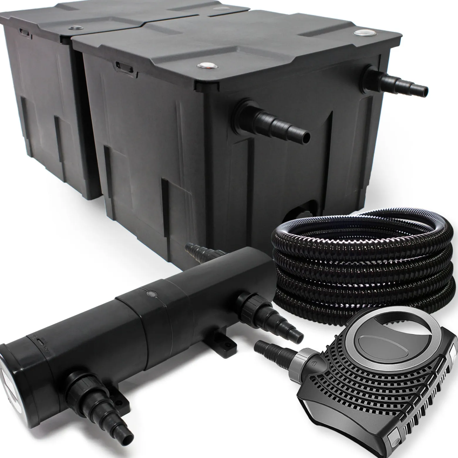 Wiltec Komplettset: CBF-350B Teichfilter bis 60000 L Teichfilteranlage als Durchlauffilter, NEO10000 SuperECO Teichpumpe 10000l/h 80W, CUV-236 Teichklärer UVC Klärer mit 36W, 25m Teichschlauch 25 mm