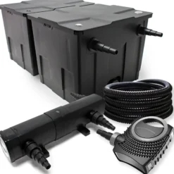 Wiltec Komplettset: CBF-350B Teichfilter bis 60000 L Teichfilteranlage als Durchlauffilter, NEO10000 SuperECO Teichpumpe 10000l/h 80W, CUV-224 Teichklärer UVC Klärer mit 24W, 25m Teichschlauch 25 mm