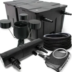 Wiltec Komplettset: CBF-350B Teichfilter bis 60000 L Teichfilteranlage Durchlauffilter, NEO10000 Teichpumpe 10000l/h 80W, CUV-236 Teichklärer 36W, 25m Teichschlauch 25 mm, CSP-250 Skimmer 2500l/h 45W