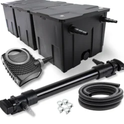 Wiltec Komplettset: CBF-350C Teichfilter bis 90000 L Teichfilteranlage Durchlauffilter, NEO12000 Teichpumpe 12000l/h 100W, CUV-672 Teichklärer 72W, 10m Teichschlauch 38 mm, Schlauchschellen W1 44-47mm