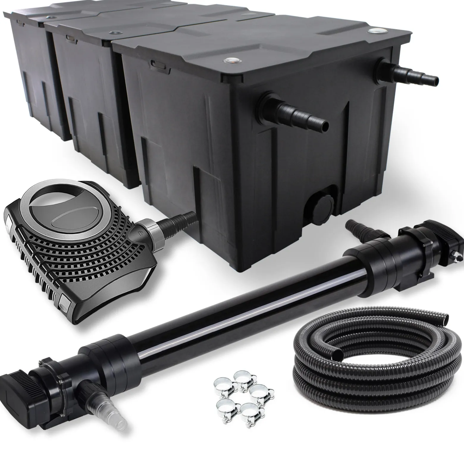 Wiltec Komplettset: CBF-350C Teichfilter bis 90000 L Teichfilteranlage Durchlauffilter, NEO12000 Teichpumpe 12000l/h 100W, CUV-672 Teichklärer 72W, 10m Teichschlauch 38 mm, Schlauchschellen W1 44-47mm