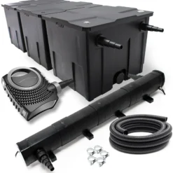 Wiltec Komplettset: CBF-350C Teichfilter bis 90000 L Teichfilteranlage Durchlauffilter, NEO10000 Teichpumpe 10000l/h 80W, CUV-272 Teichklärer 72W, 10m Teichschlauch 38 mm, Schlauchschellen W1 44-47mm