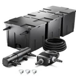 Wiltec Komplettset: CBF-350C Teichfilter bis 90000 L Teichfilteranlage Durchlauffilter, NEO12000 Teichpumpe 12000l/h 100W, CUV-272 Teichklärer 72W, 10m Teichschlauch 38 mm, Schlauchschellen W1 44-47mm