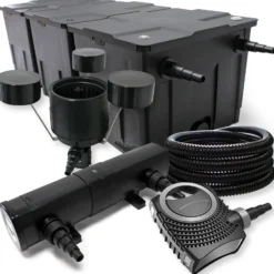 Wiltec Komplettset: CBF-350C Teichfilter bis 90000 L Teichfilteranlage Durchlauffilter, NEO10000 Teichpumpe 10000l/h 80W, CUV-236 Teichklärer 36W, 25m Teichschlauch 25 mm, CSP-250 Skimmer 2500l/h 45W