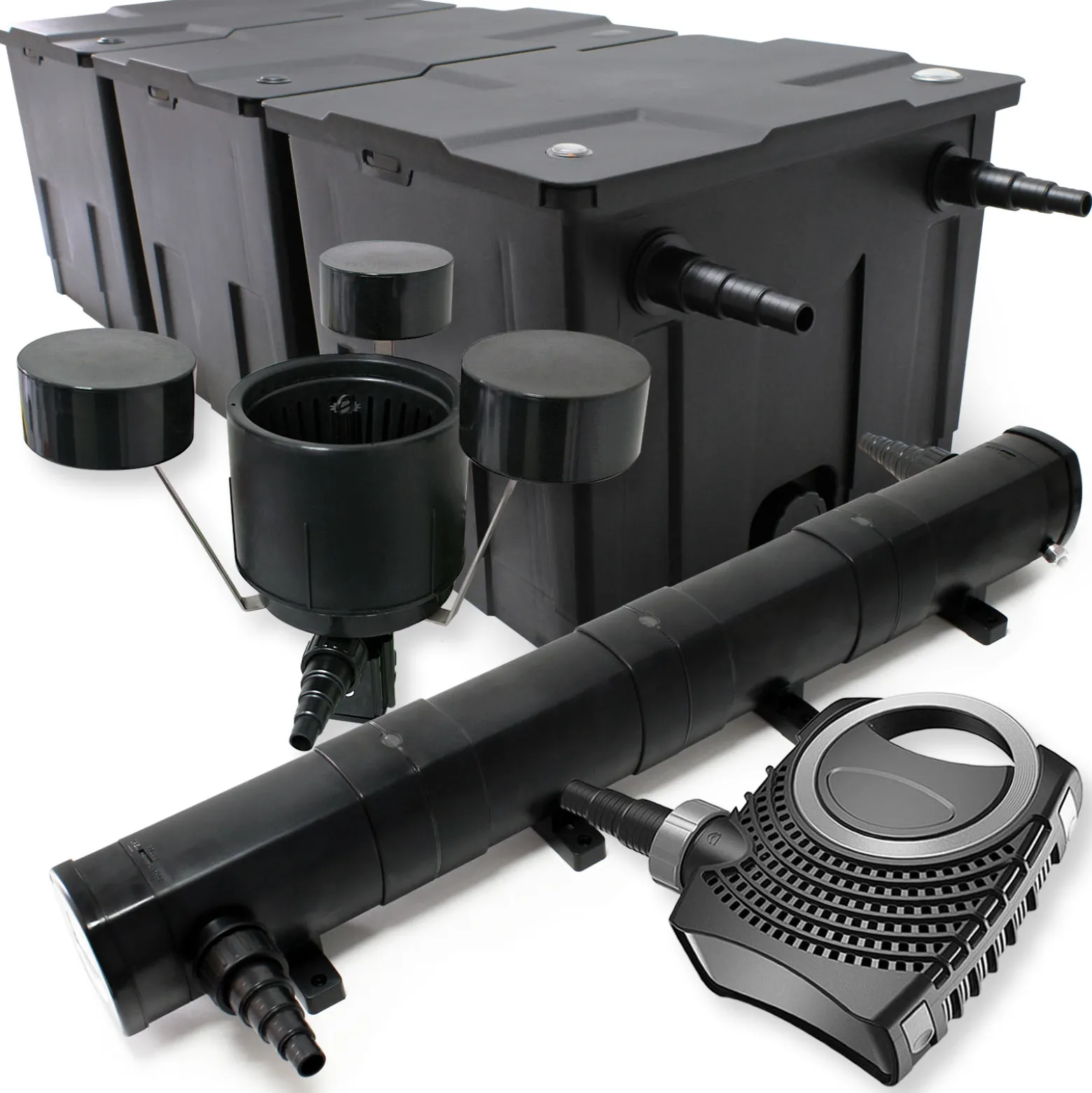 Wiltec Komplettset: CBF-350C Teichfilter bis 90000 L Teichfilteranlage als Durchlauffilter, NEO10000 Teichpumpe 10000l/h 80W, CUV-272 Teichklärer UVC Klärer mit 72W, CSP-250 Schwimmskimmer 2500l/h 45W