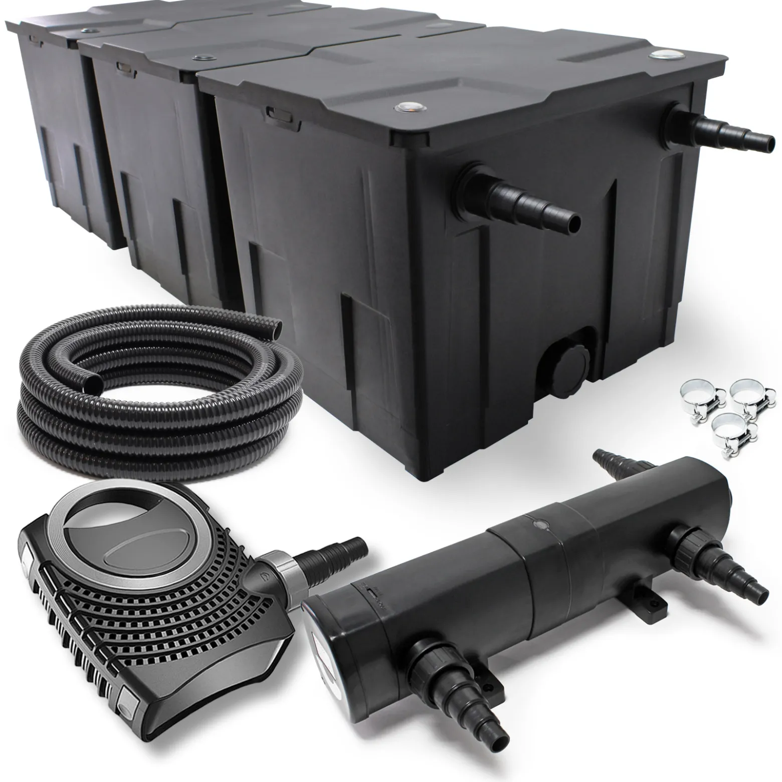 Wiltec Komplettset: CBF-350C Teichfilter bis 90000 L Teichfilteranlage Durchlauffilter, NEO12000 Teichpumpe 12000l/h 100W, CUV-236 Teichklärer 36W, 10m Teichschlauch 38 mm, Schlauchschellen W1 44-47mm