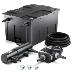Wiltec Komplettset: CBF-550 Teichfilter bis 60000 L Teichfilteranlage Durchlauffilter, NEO8000 Teichpumpe 8000l/h 70W, CUV-224 Teichklärer 24W, 10m Teichschlauch 38 mm, Schlauchschellen W1 44-47mm