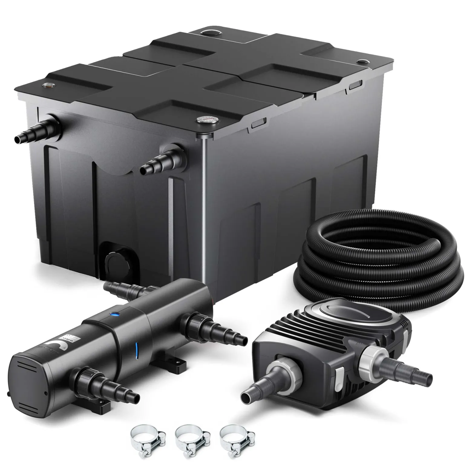 Wiltec Komplettset: CBF-550 Teichfilter bis 60000 L Teichfilteranlage Durchlauffilter, NEO8000 Teichpumpe 8000l/h 70W, CUV-224 Teichklärer 24W, 10m Teichschlauch 38 mm, Schlauchschellen W1 44-47mm