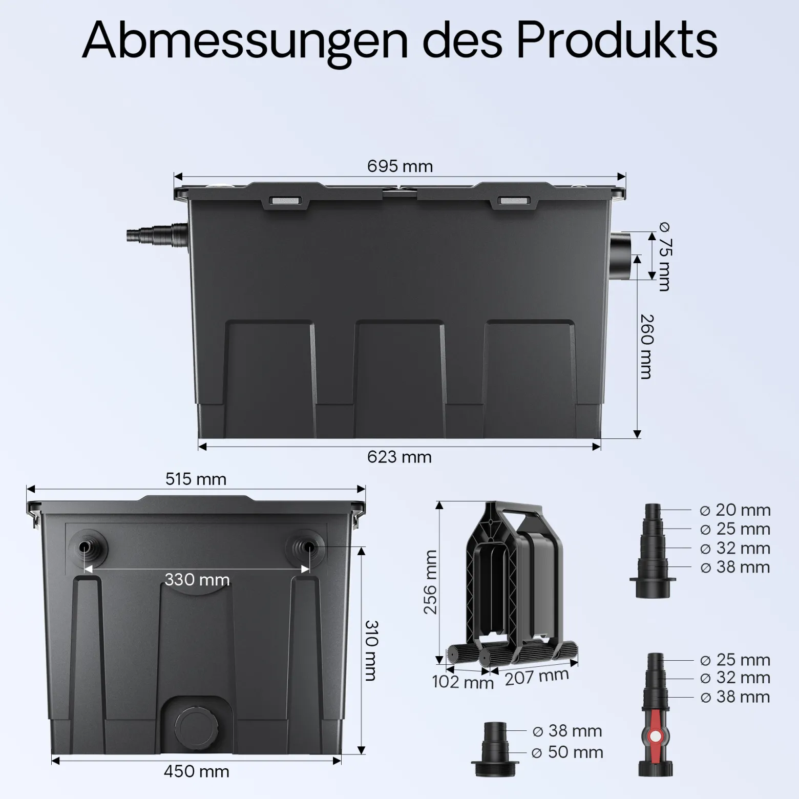 Wiltec Komplettset: CBF-550 Teichfilter bis 60000 L Teichfilteranlage Durchlauffilter, NEO8000 Teichpumpe 8000l/h 70W, CUV-224 Teichklärer 24W, 10m Teichschlauch 38 mm, Schlauchschellen W1 44-47mm