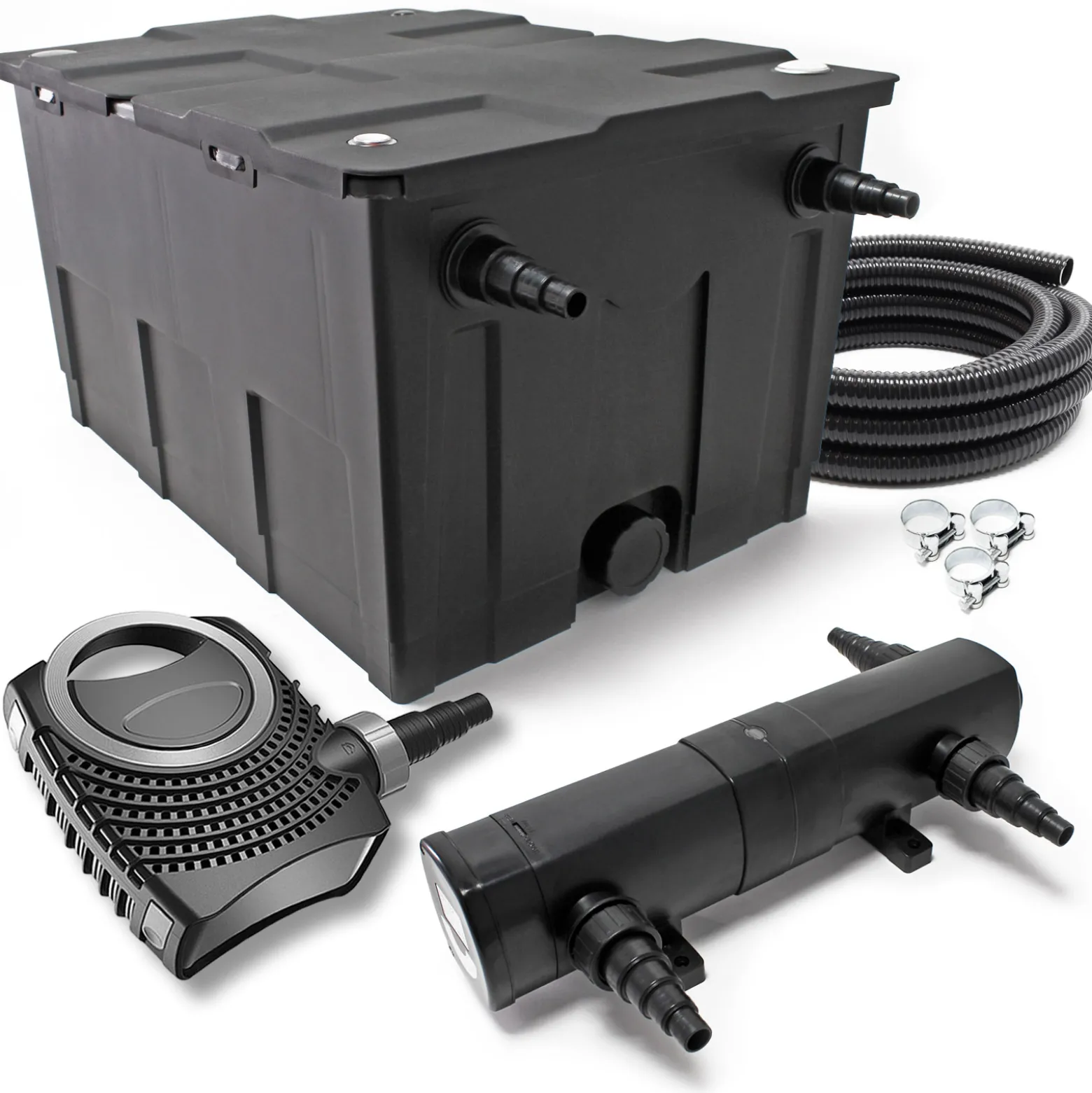 Wiltec Komplettset: CBF-550 Teichfilter bis 60000L Teichfilteranlage Durchlauffilter, NEO6000 Teichpumpe 6000l/h 40W, CUV-224 Teichklärer 24W, 5m Teichschlauch 38 mm (1 1/2"), Schlauchschellen 44-47mm