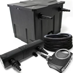 Wiltec Komplettset: CBF-350 Teichfilter bis 12000 L Teichfilteranlage als Durchlauffilter, NEO10000 SuperECO Teichpumpe 10000l/h 80W, CUV-236 Teichklärer UVC Klärer mit 36W, 25m Teichschlauch 25 mm