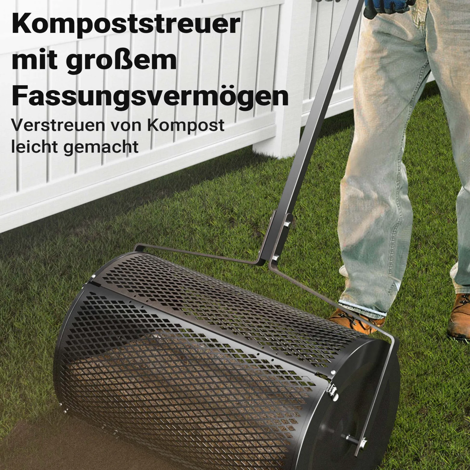 Wiltec Kompoststreuer 75 l mit 60 cm Arbeitsbreite, Düngerstreuer für Kompost, Mist u. Kalk, Gartenstreuer auch für Aussaat, Torfmoosstreuer mit Griff