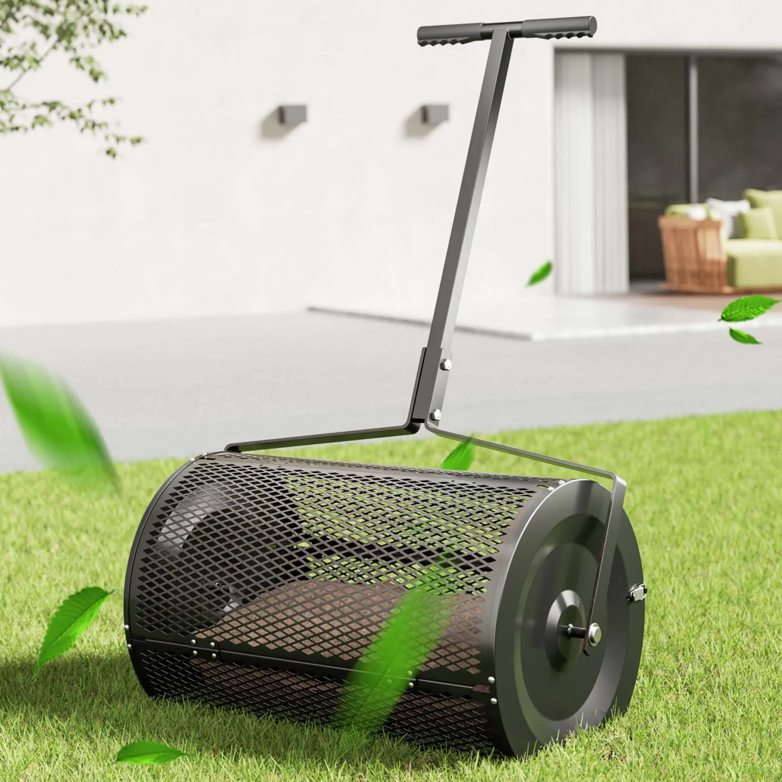 Wiltec Kompoststreuer 75 l mit 60 cm Arbeitsbreite, Düngerstreuer für Kompost, Mist u. Kalk, Gartenstreuer auch für Aussaat, Torfmoosstreuer mit Griff
