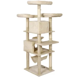 Wiltec Kratzbaum Beige mit Pfotenmotiv 172 cm, Katzenkratzbaum mit Plattformen und Katzenhäuser, Katzenbaum mit Hängematte, Kletterbaum für Katzen