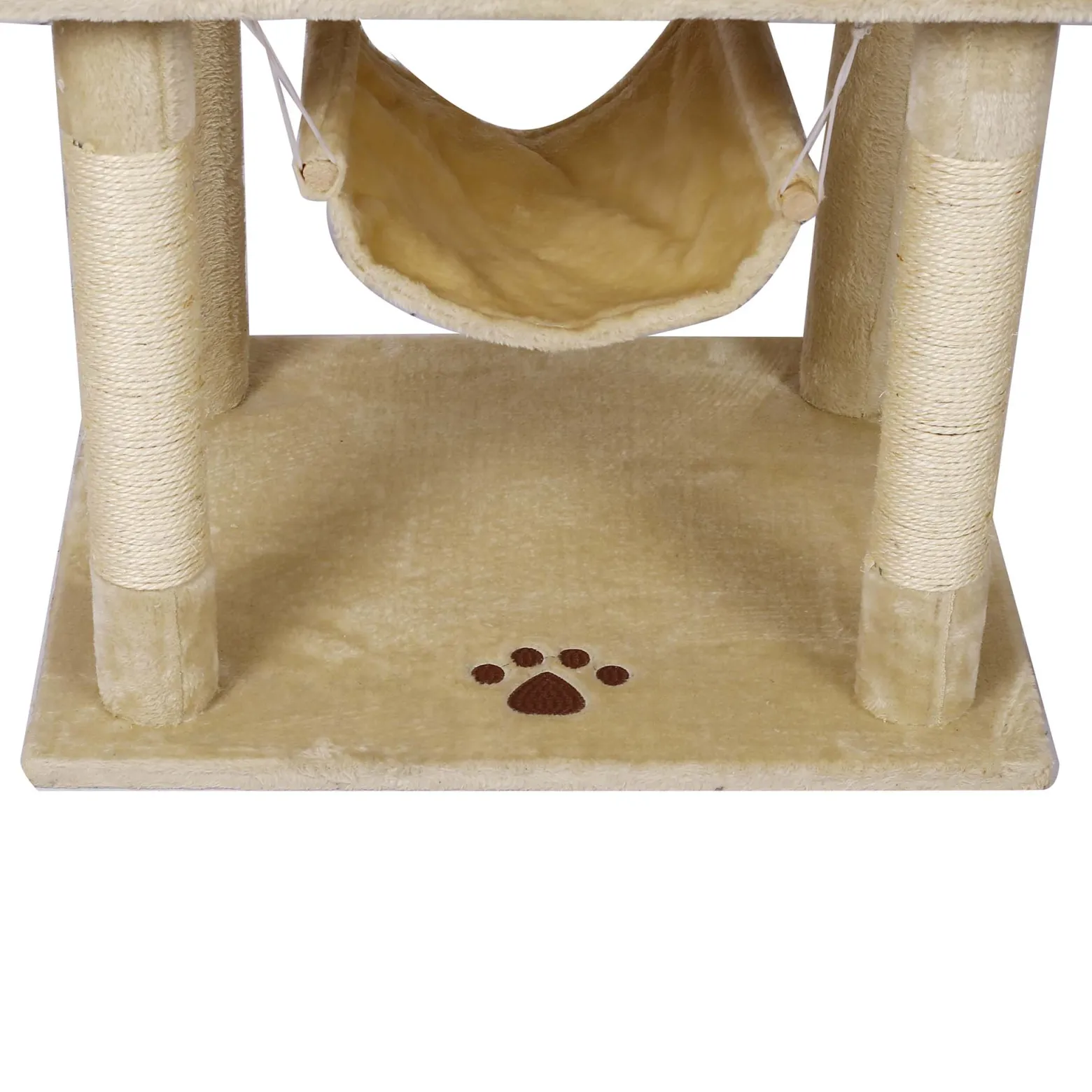Wiltec Kratzbaum Beige mit Pfotenmotiv 172 cm, Katzenkratzbaum mit Plattformen und Katzenhäuser, Katzenbaum mit Hängematte, Kletterbaum für Katzen