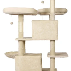 Wiltec Kratzbaum Beige mit Pfotenmotiv 172 cm, Katzenkratzbaum mit Plattformen und Katzenhäuser, Katzenbaum mit Hängematte, Kletterbaum für Katzen