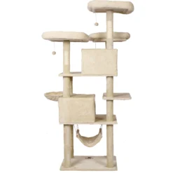 Wiltec Kratzbaum Beige mit Pfotenmotiv 172 cm, Katzenkratzbaum mit Plattformen und Katzenhäuser, Katzenbaum mit Hängematte, Kletterbaum für Katzen