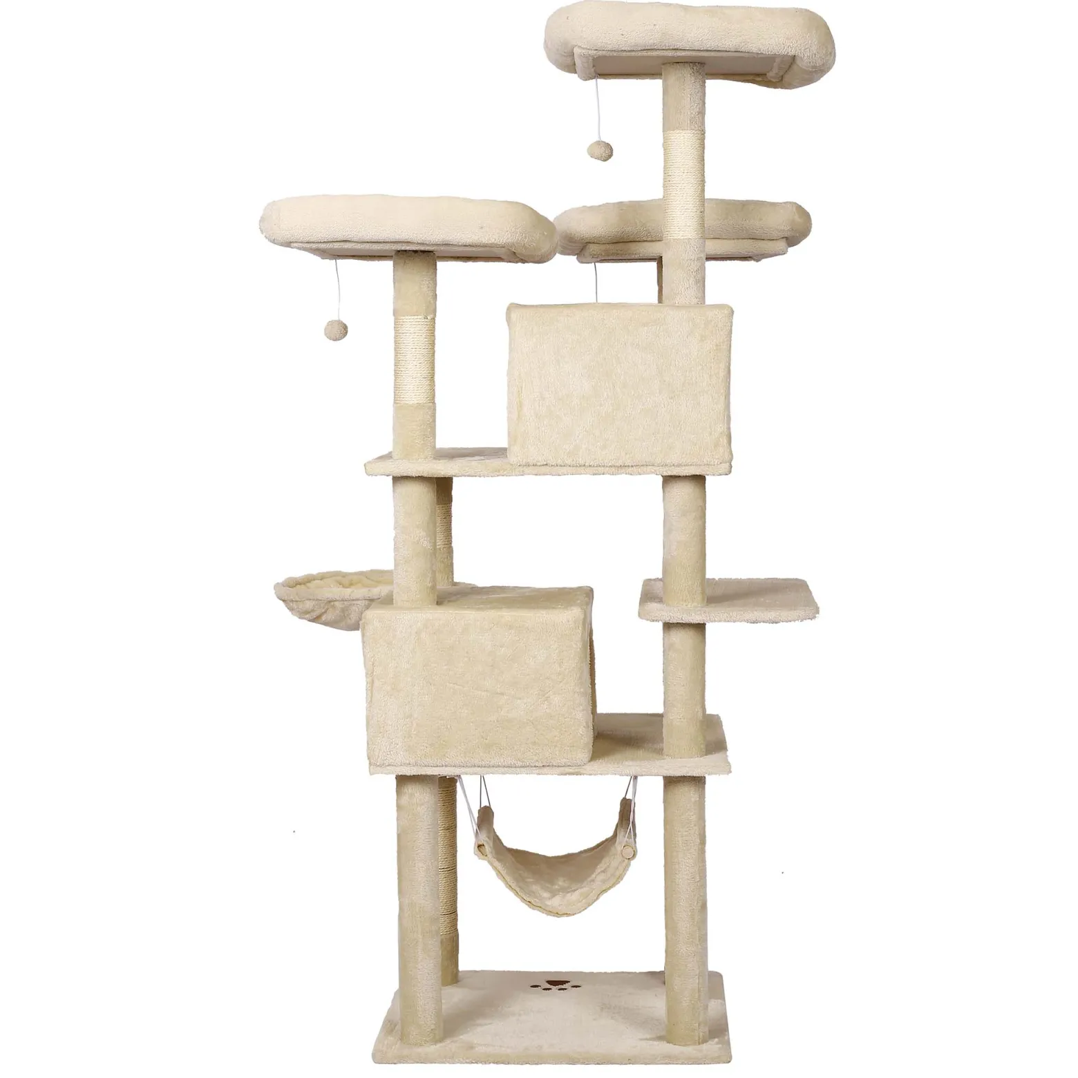 Wiltec Kratzbaum Beige mit Pfotenmotiv 172 cm, Katzenkratzbaum mit Plattformen und Katzenhäuser, Katzenbaum mit Hängematte, Kletterbaum für Katzen