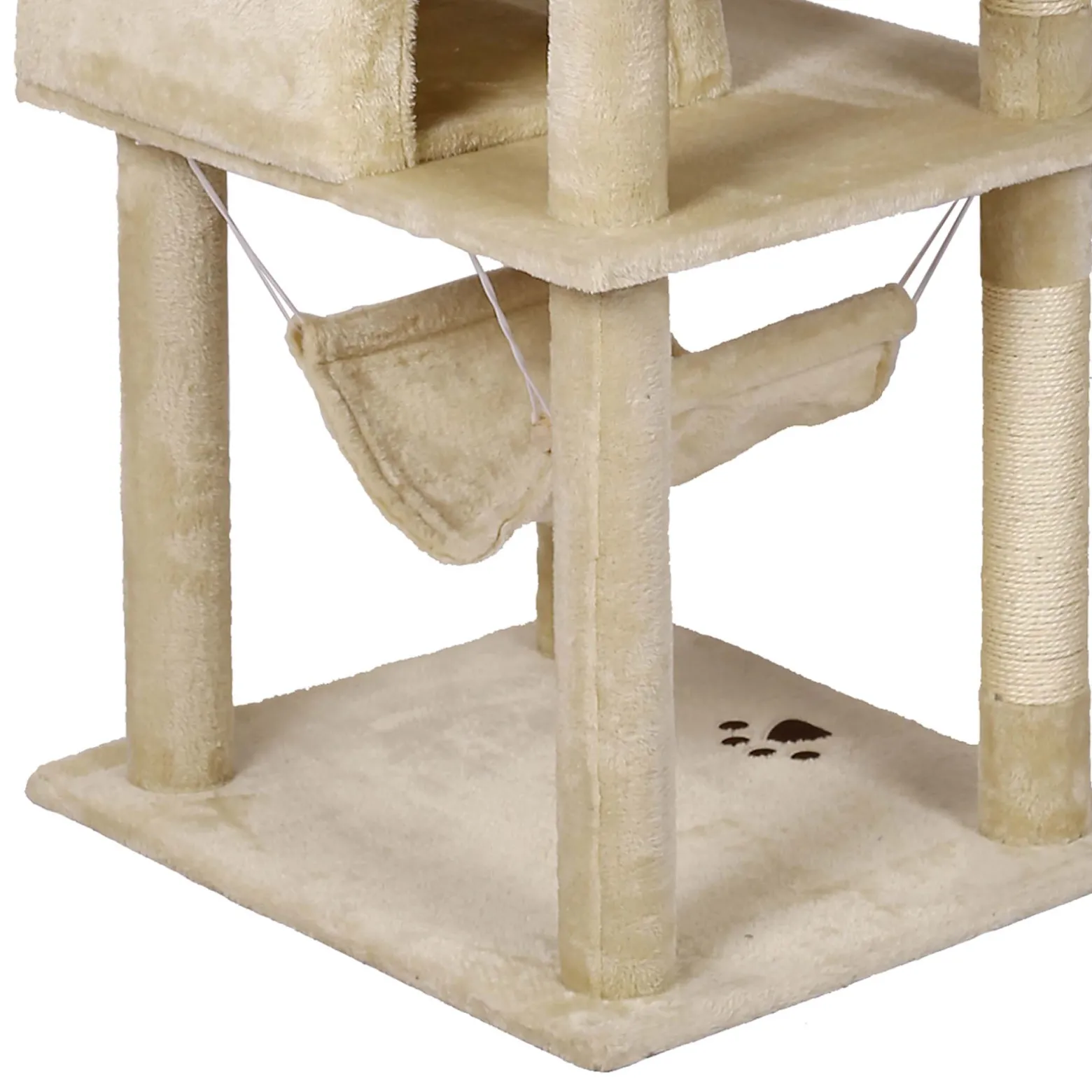 Wiltec Kratzbaum Beige mit Pfotenmotiv 172 cm, Katzenkratzbaum mit Plattformen und Katzenhäuser, Katzenbaum mit Hängematte, Kletterbaum für Katzen