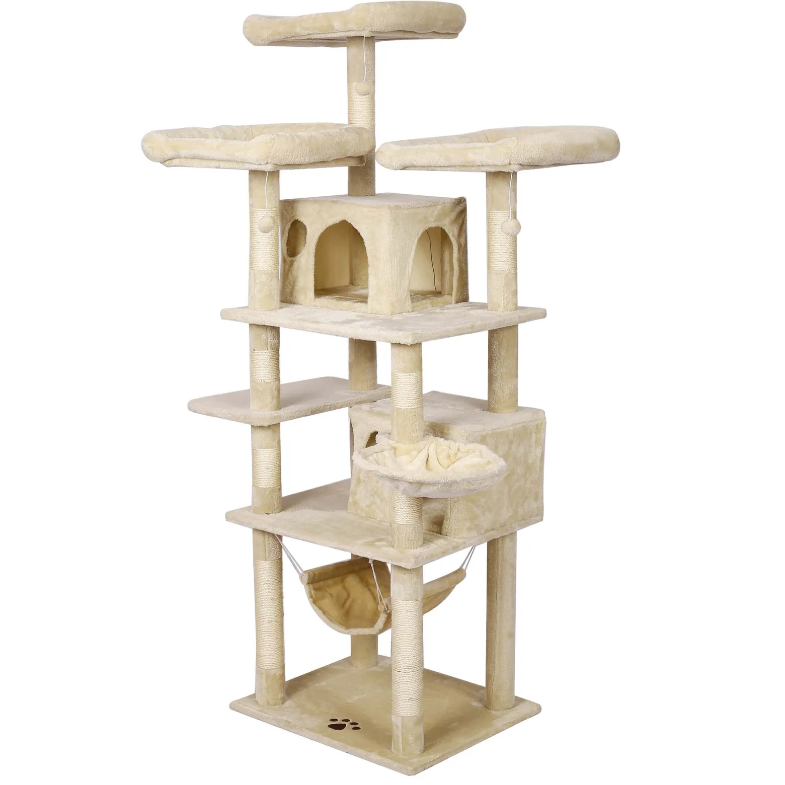 Wiltec Kratzbaum Beige mit Pfotenmotiv 172 cm, Katzenkratzbaum mit Plattformen und Katzenhäuser, Katzenbaum mit Hängematte, Kletterbaum für Katzen