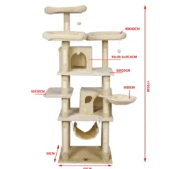 Wiltec Kratzbaum Beige mit Pfotenmotiv 172 cm, Katzenkratzbaum mit Plattformen und Katzenhäuser, Katzenbaum mit Hängematte, Kletterbaum für Katzen