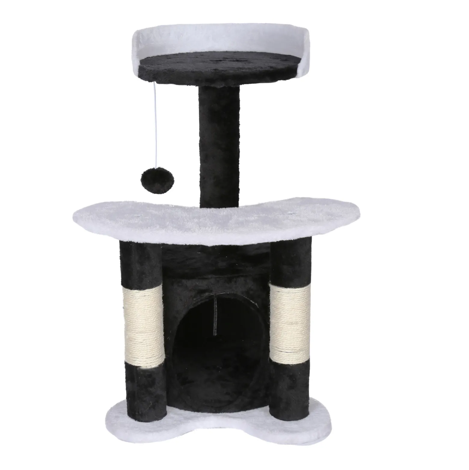 Wiltec Kratzbaum 67 cm hoch in Schwarz/Weiß, Katzenkratzbaum mit Sisal, Katzenbaum mit Plattform, Katzenhöhle und Spielball, Kletterbaum für Katzen