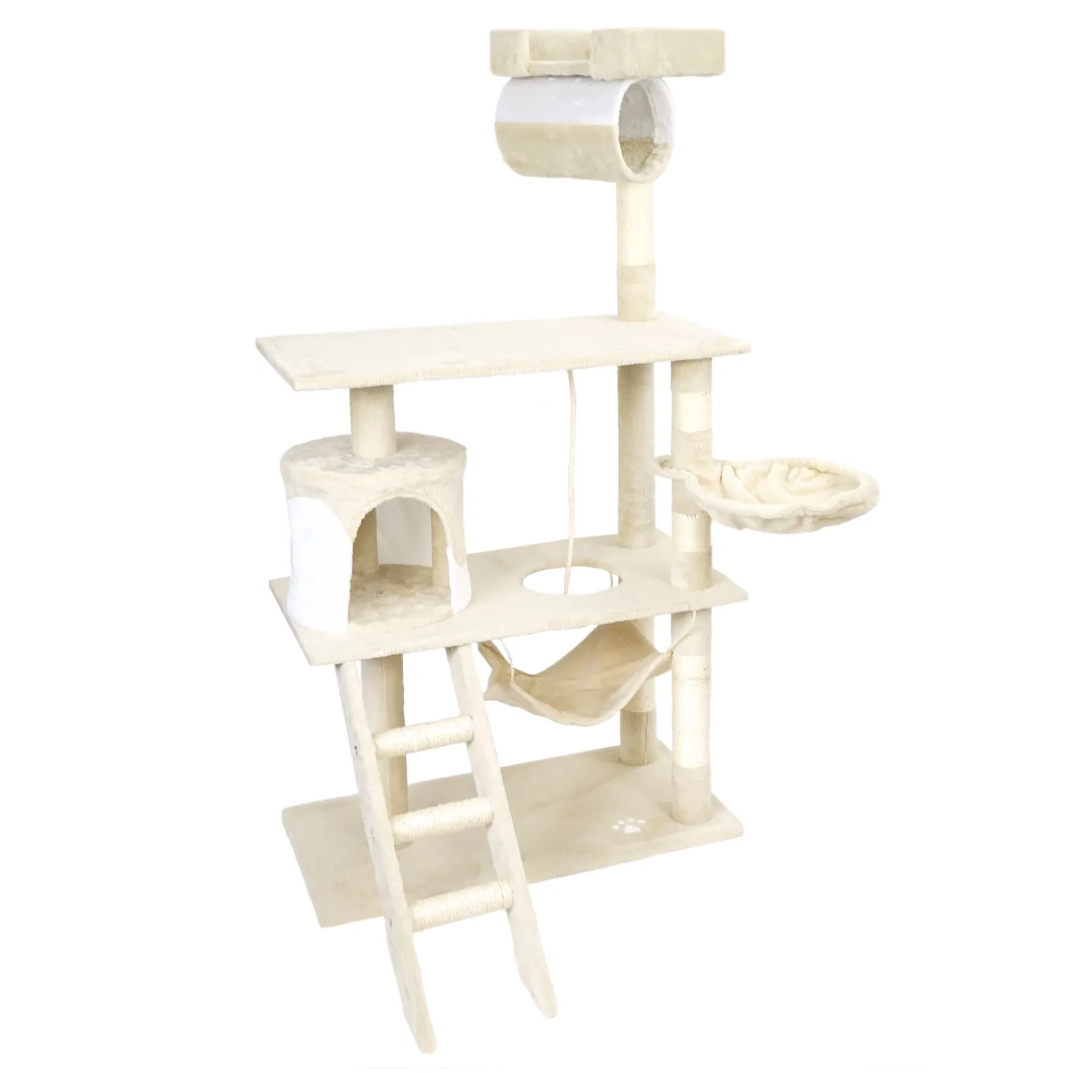 Wiltec Kratzbaum in Beige/Weiß 141 cm hoch, Katzenbaum mit Sisal, Katzenkratzbaum mit Katzenhaus, Hängematte und Liegemulde, Kletterbaum für Katzen