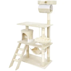 Wiltec Kratzbaum in Beige/Weiß 141 cm hoch, Katzenbaum mit Sisal, Katzenkratzbaum mit Katzenhaus, Hängematte und Liegemulde, Kletterbaum für Katzen