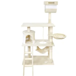 Wiltec Kratzbaum in Beige/Weiß 141 cm hoch, Katzenbaum mit Sisal, Katzenkratzbaum mit Katzenhaus, Hängematte und Liegemulde, Kletterbaum für Katzen