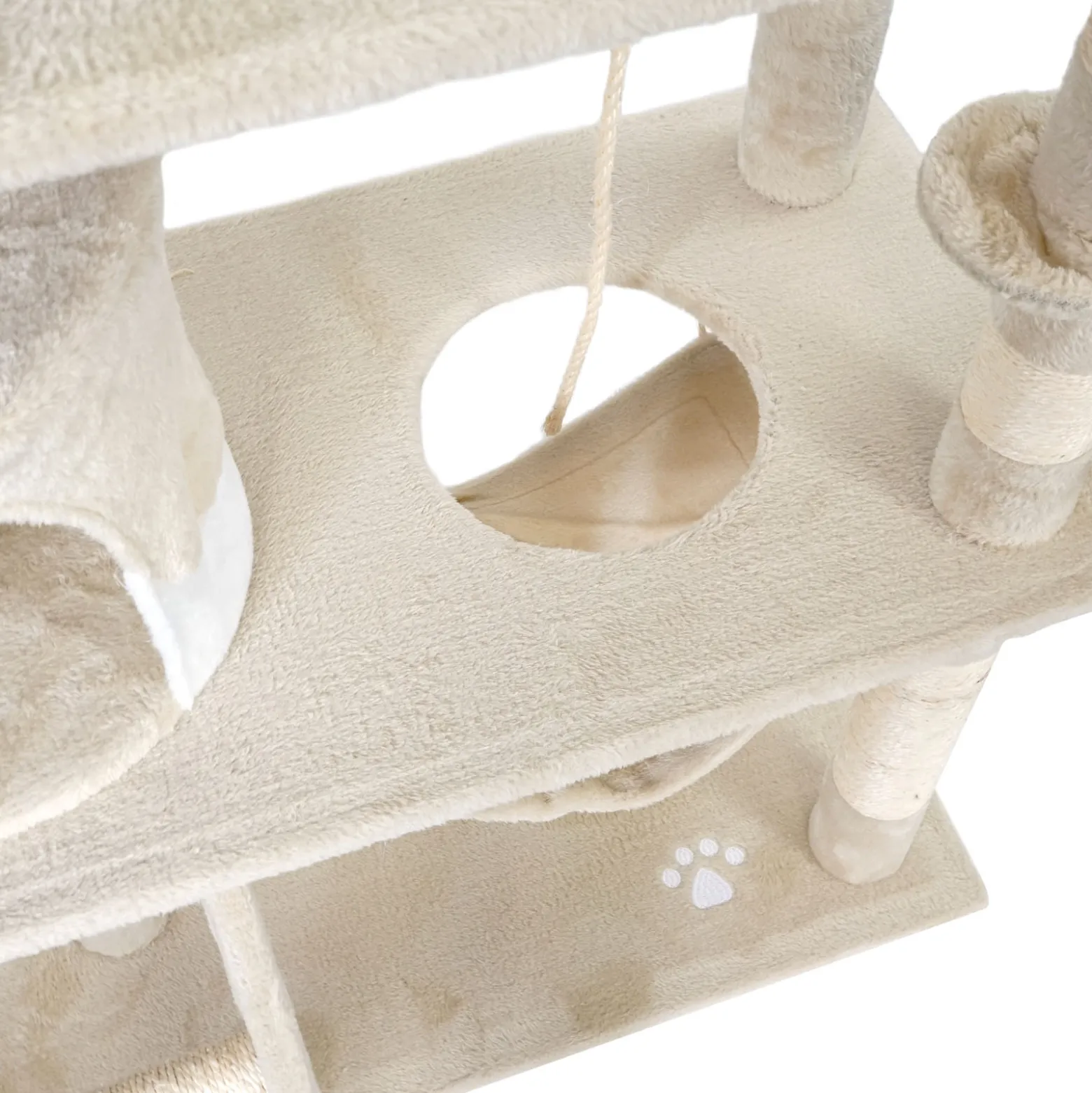 Wiltec Kratzbaum in Beige/Weiß 141 cm hoch, Katzenbaum mit Sisal, Katzenkratzbaum mit Katzenhaus, Hängematte und Liegemulde, Kletterbaum für Katzen