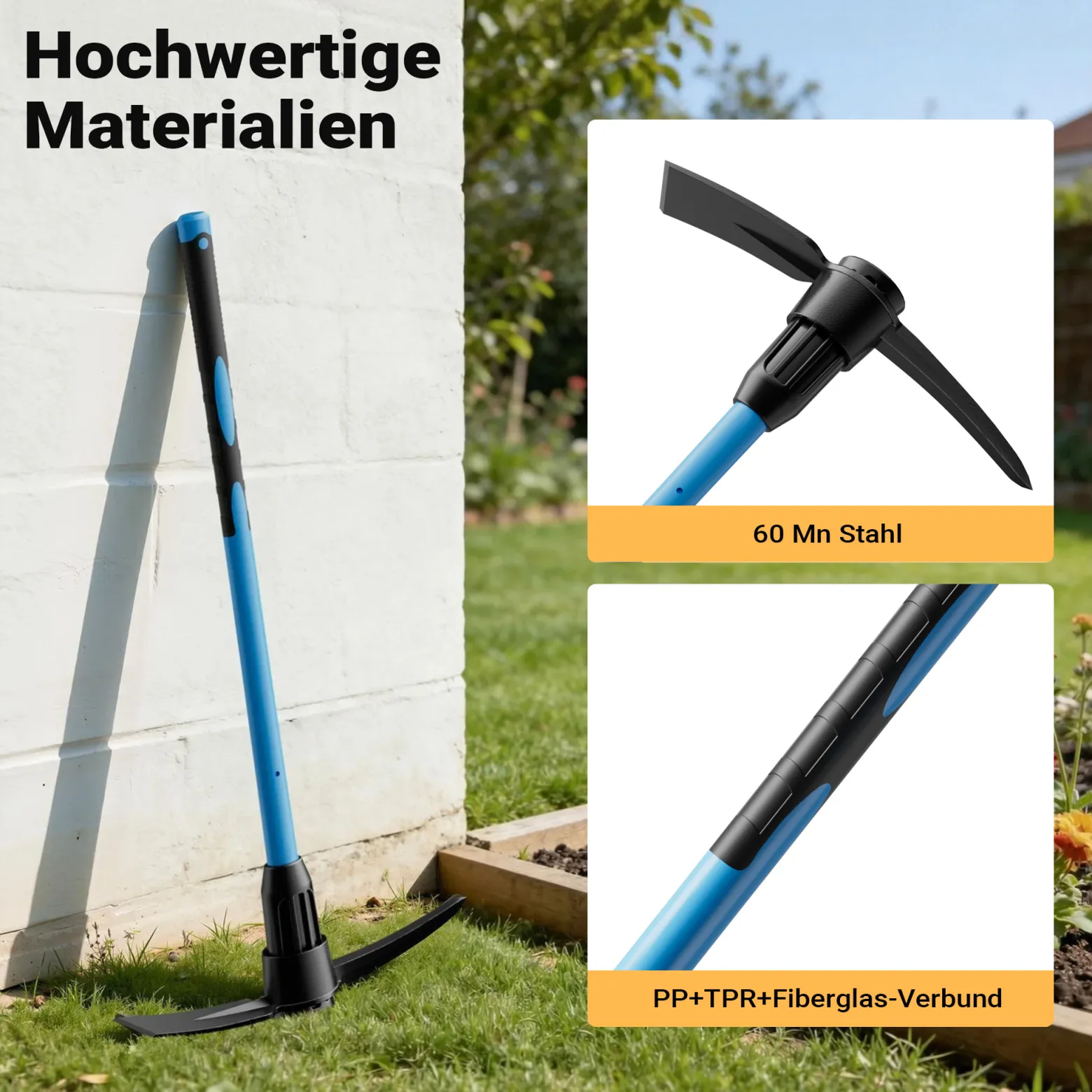 Wiltec Kreuzhacke mit Stahlkopf und Fiberglasstiel, Spitzhacke mit gummierten Griff, Gartenhacke mit 925 mm Stiel, Hacke für Garten und Landschaftsbau