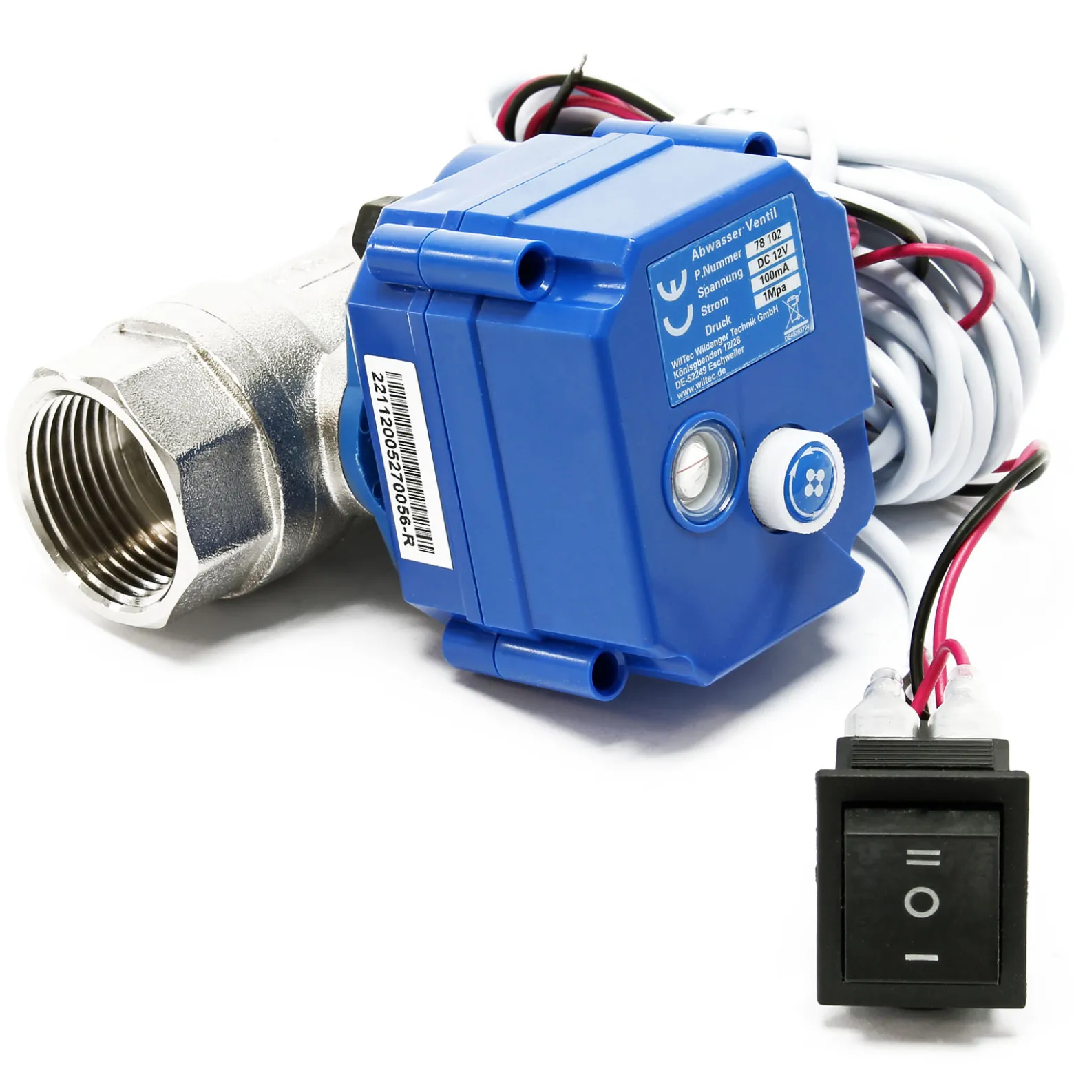 Wiltec Kugelventil für Abwasser Ø 25 mm (1"), Entleerungsventil für DC 12 V mit Notentriegelung, Rückschlagventil für Wohnmobil & Wohnwagen