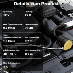Wiltec Ölabsaugpumpe 12 V 60 W, 130 x 130 x 85 mm, 1,5 l/min, Absaugpumpe für Diesel, Biodiesel, Heizöl, Dieselpumpe Ölpumpe Heizölpumpe für den Ölwechsel
