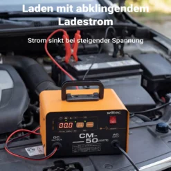 Wiltec Ladegerät 12-24 V, 16 Ah, 30-300 Ah für Autobatterie Kfz und Motorrad Starthilfe 490 W, intelligenter Lader mit LCD-Display und Tragegriff