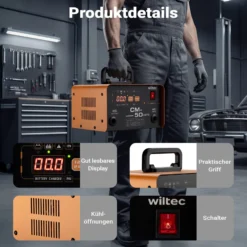 Wiltec Ladegerät 12-24 V, 16 Ah, 30-300 Ah für Autobatterie Kfz und Motorrad Starthilfe 490 W, intelligenter Lader mit LCD-Display und Tragegriff