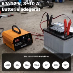 Wiltec Ladegerät 6-12 V, Batterieladegerät mit variabler Stromstärke 3–10A, 10-150 Ah für Autobatterie Kfz und Motorrad, intelligenter Lader mit LCD-Display und Tragegriff
