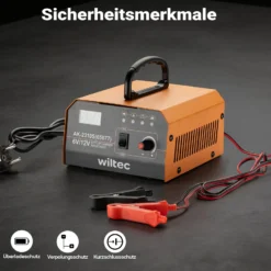 Wiltec Ladegerät 6-12 V, Batterieladegerät mit variabler Stromstärke 3–10A, 10-150 Ah für Autobatterie Kfz und Motorrad, intelligenter Lader mit LCD-Display und Tragegriff