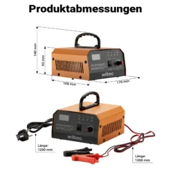 Wiltec Ladegerät 6-12 V, Batterieladegerät mit variabler Stromstärke 3–10A, 10-150 Ah für Autobatterie Kfz und Motorrad, intelligenter Lader mit LCD-Display und Tragegriff